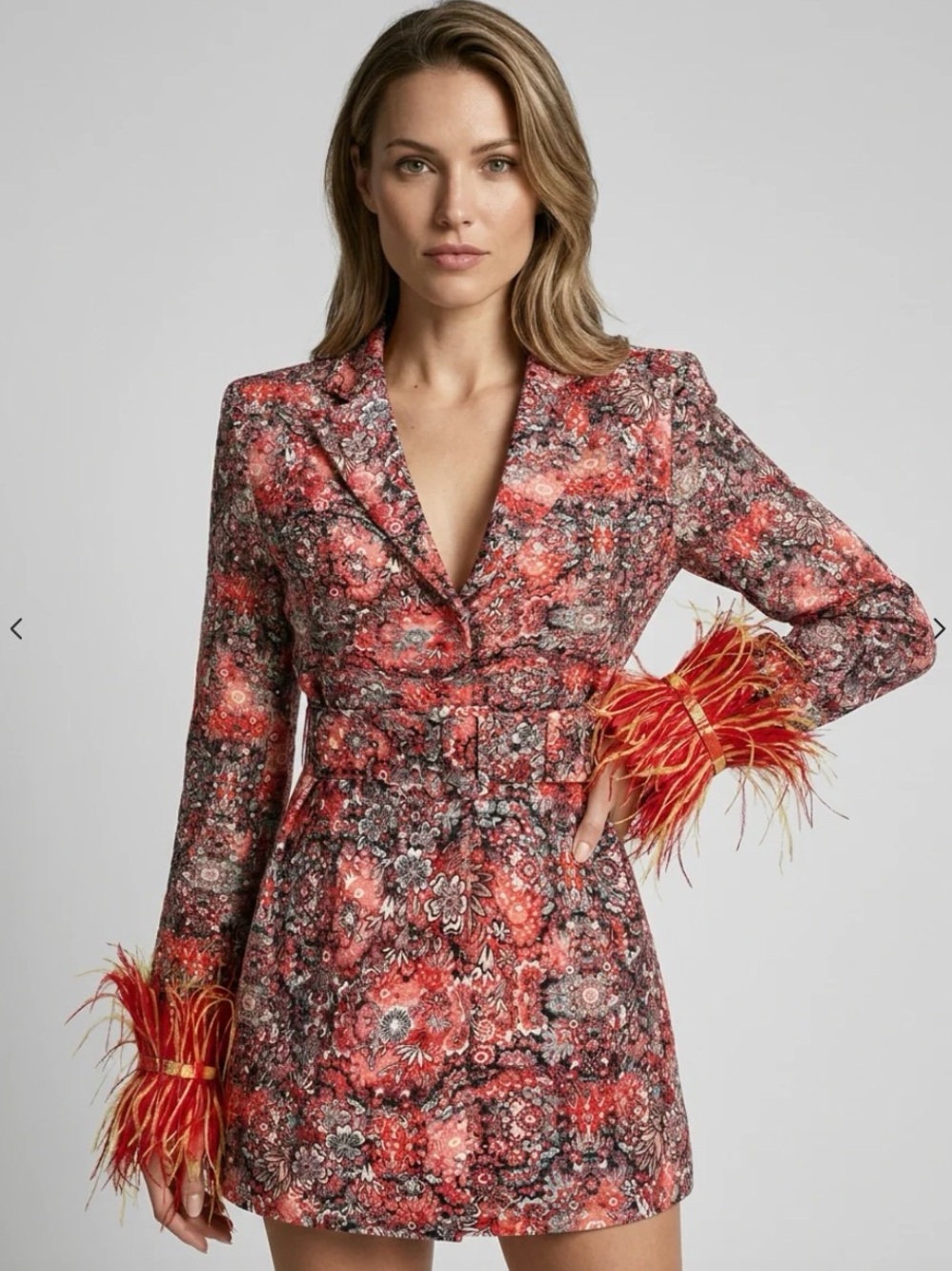 May Floral Blazer Dress with Feather Cuffs